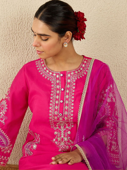 Floral Embroidered Thread Work Kurta With Trousers & Dupatta