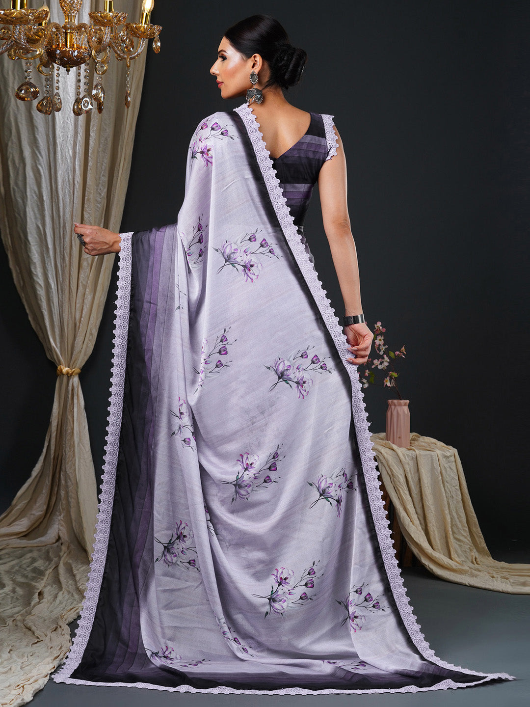 Women's Georgette Purple Printed Designer Saree With Blouse Piece
