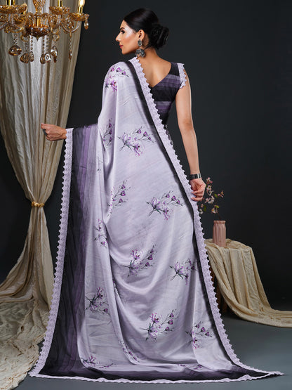 Women's Georgette Purple Printed Designer Saree With Blouse Piece