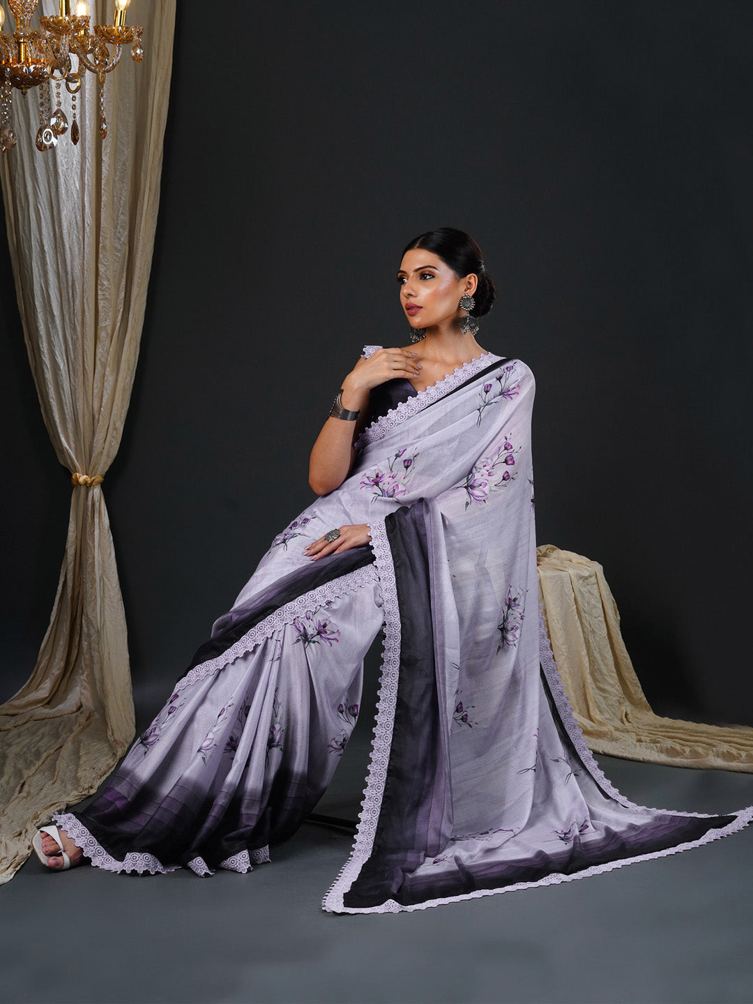 Women's Georgette Purple Printed Designer Saree With Blouse Piece