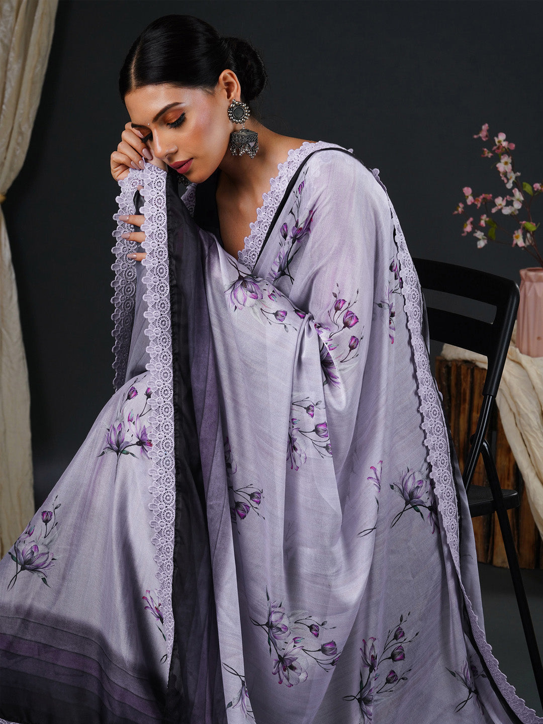 Women's Georgette Purple Printed Designer Saree With Blouse Piece