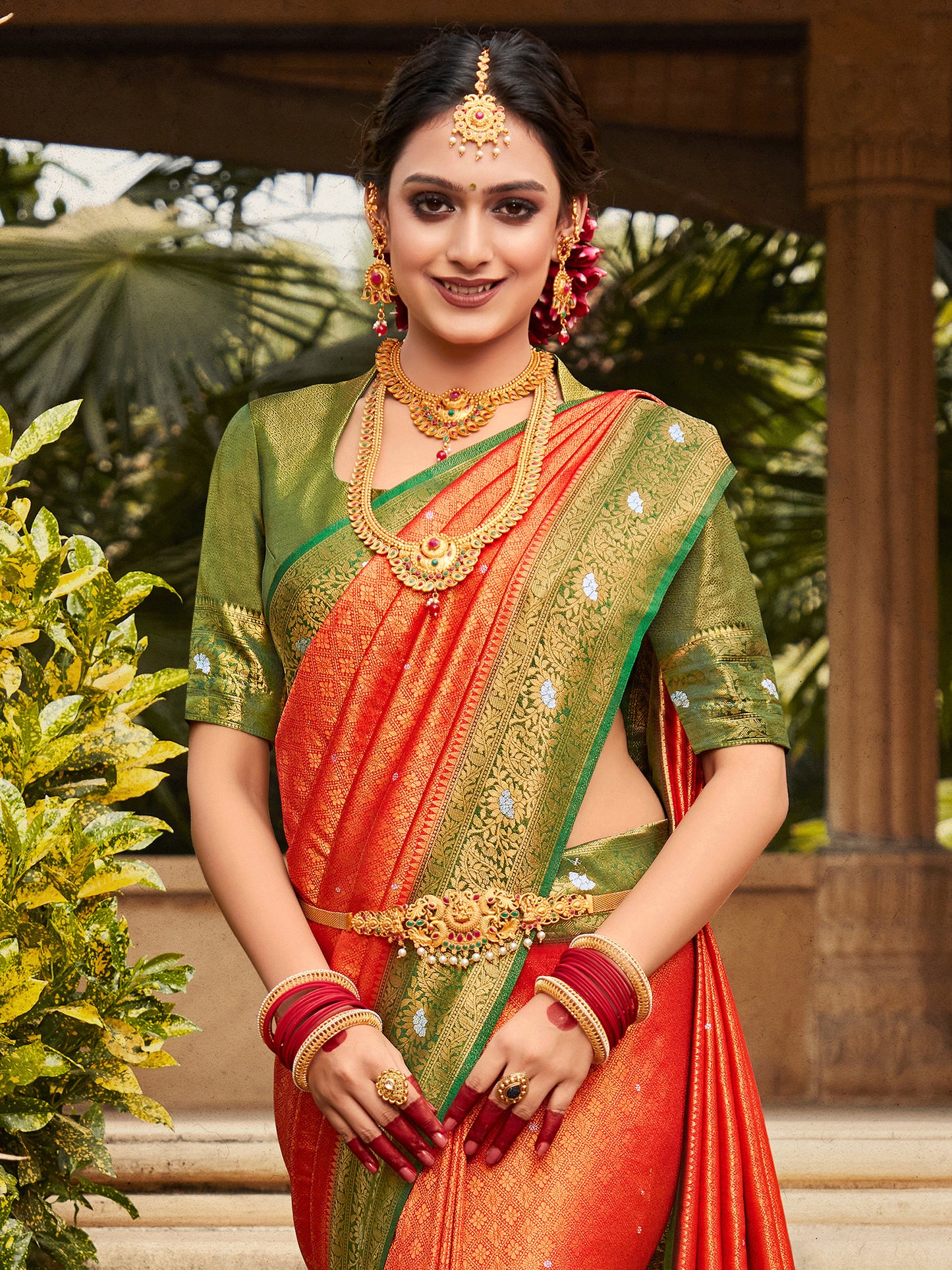 Women's Kanjeevaram Silk Red Woven Design Designer Saree With Blouse Piece