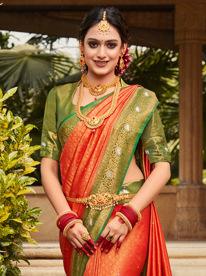 Women's Kanjeevaram Silk Red Woven Design Designer Saree With Blouse Piece