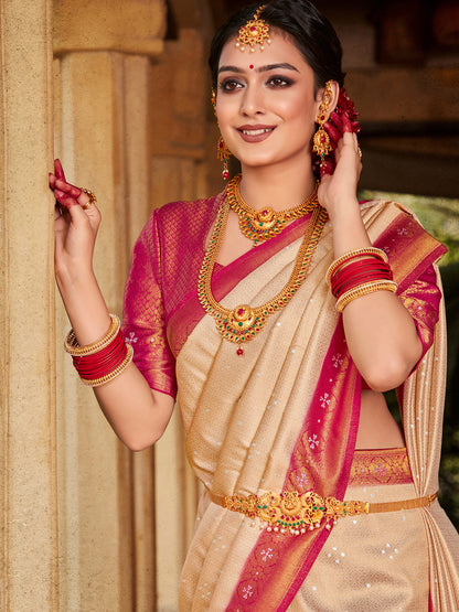 Women's Kanjeevaram Silk Cream Woven Design Designer Saree With Blouse Piece