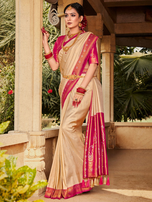 Women's Kanjeevaram Silk Cream Woven Design Designer Saree With Blouse Piece