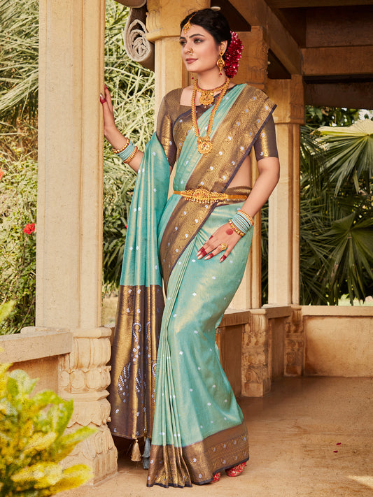 Women's Kanjeevaram Silk Blue Woven Design Designer Saree With Blouse Piece