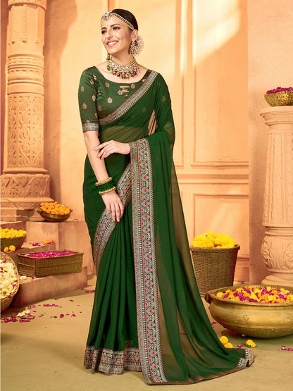 Women's Georgette Green Embellished Designer Saree With Blouse Piece