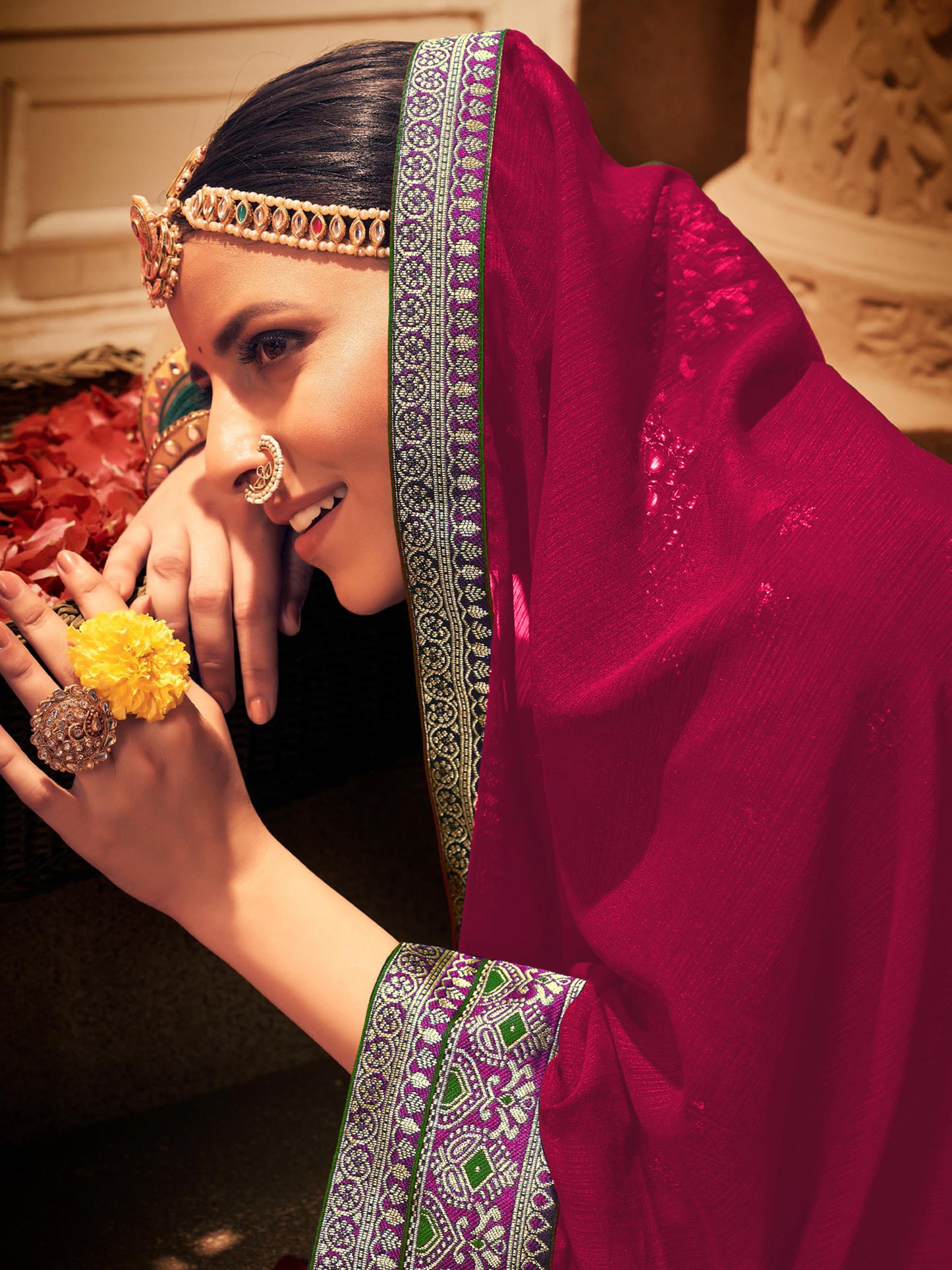 Women's Georgette Pink Embellished Designer Saree With Blouse Piece