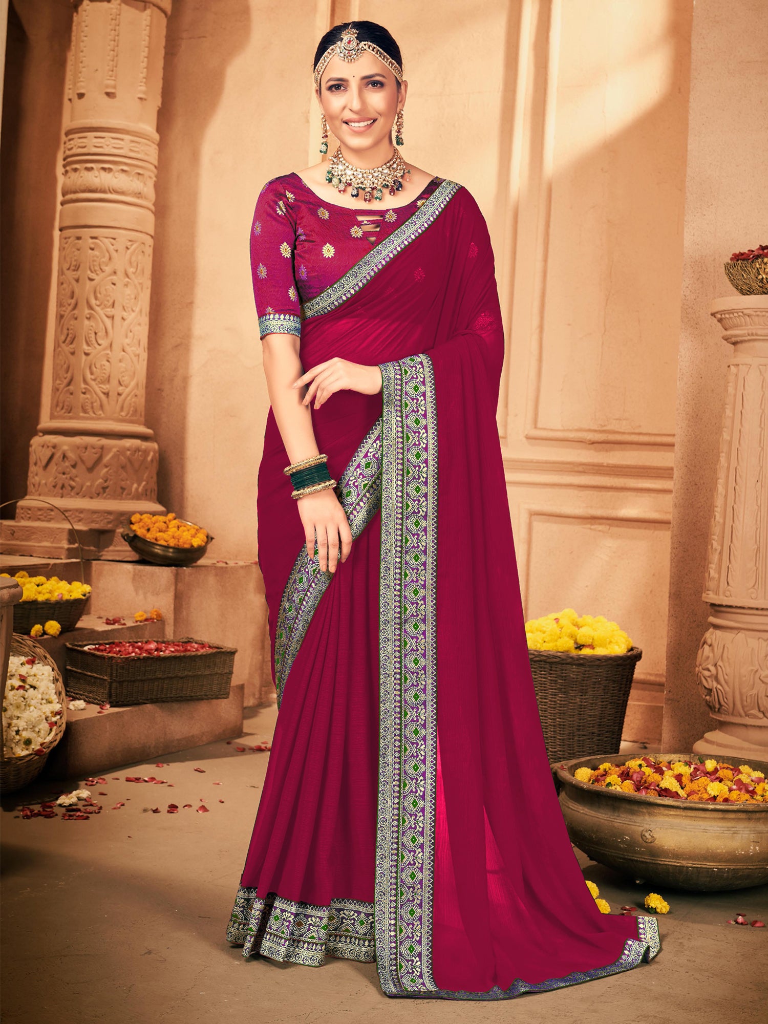 Women's Georgette Pink Embellished Designer Saree With Blouse Piece