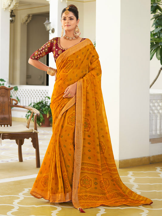 Women's Chiffon Mustard Embellished Designer Saree With Blouse Piece