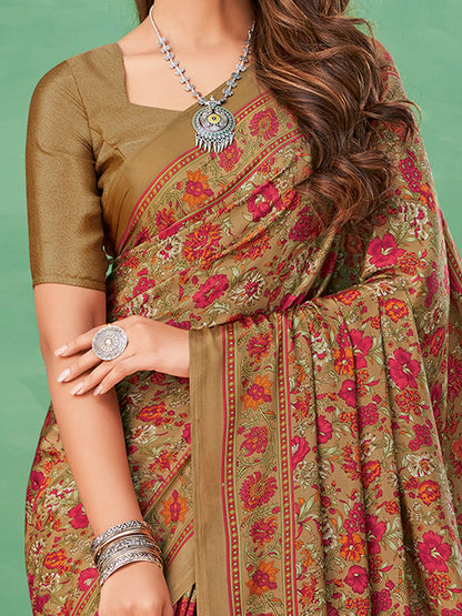 Women's Crepe Beige Printed Designer Saree With Blouse Piece