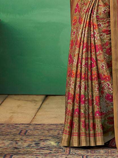 Women's Crepe Beige Printed Designer Saree With Blouse Piece