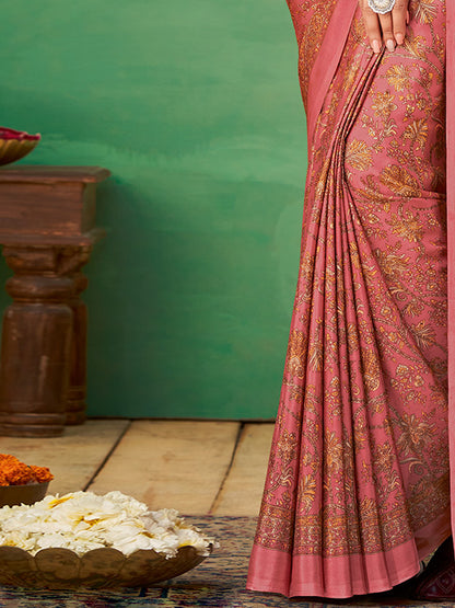 Women's Crepe Pink Printed Designer Saree With Blouse Piece