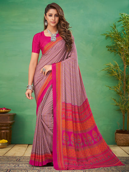Women's Crepe Grey Printed Designer Saree With Blouse Piece