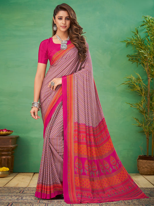 Women's Crepe Grey Printed Designer Saree With Blouse Piece