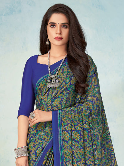 Women's Crepe Blue Printed Designer Saree With Blouse Piece