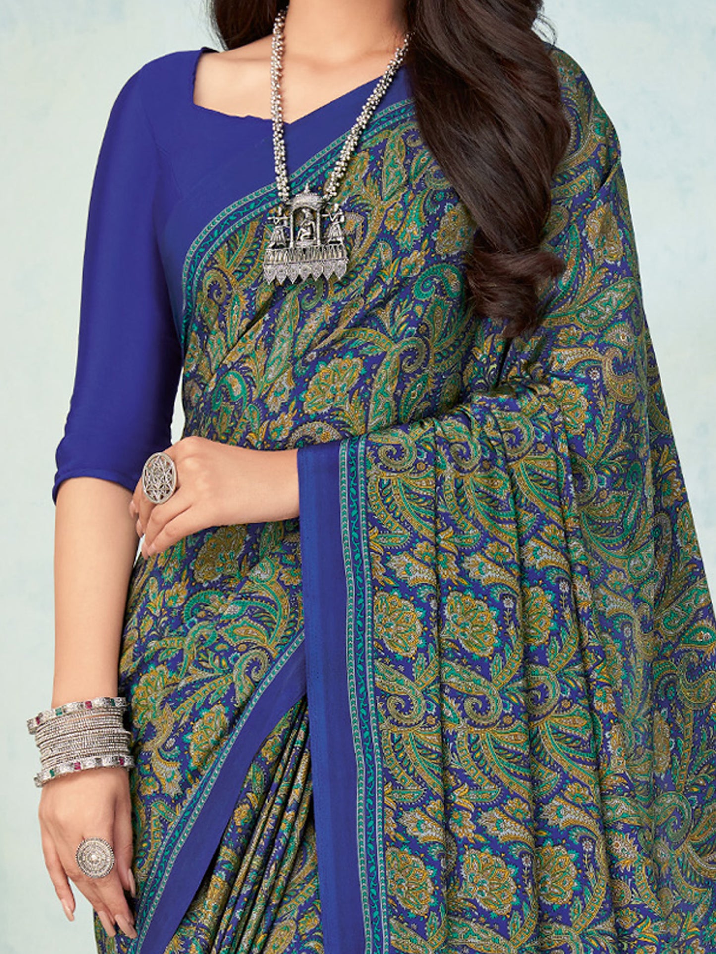 Women's Crepe Blue Printed Designer Saree With Blouse Piece