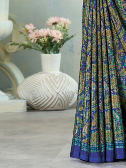 Women's Crepe Blue Printed Designer Saree With Blouse Piece