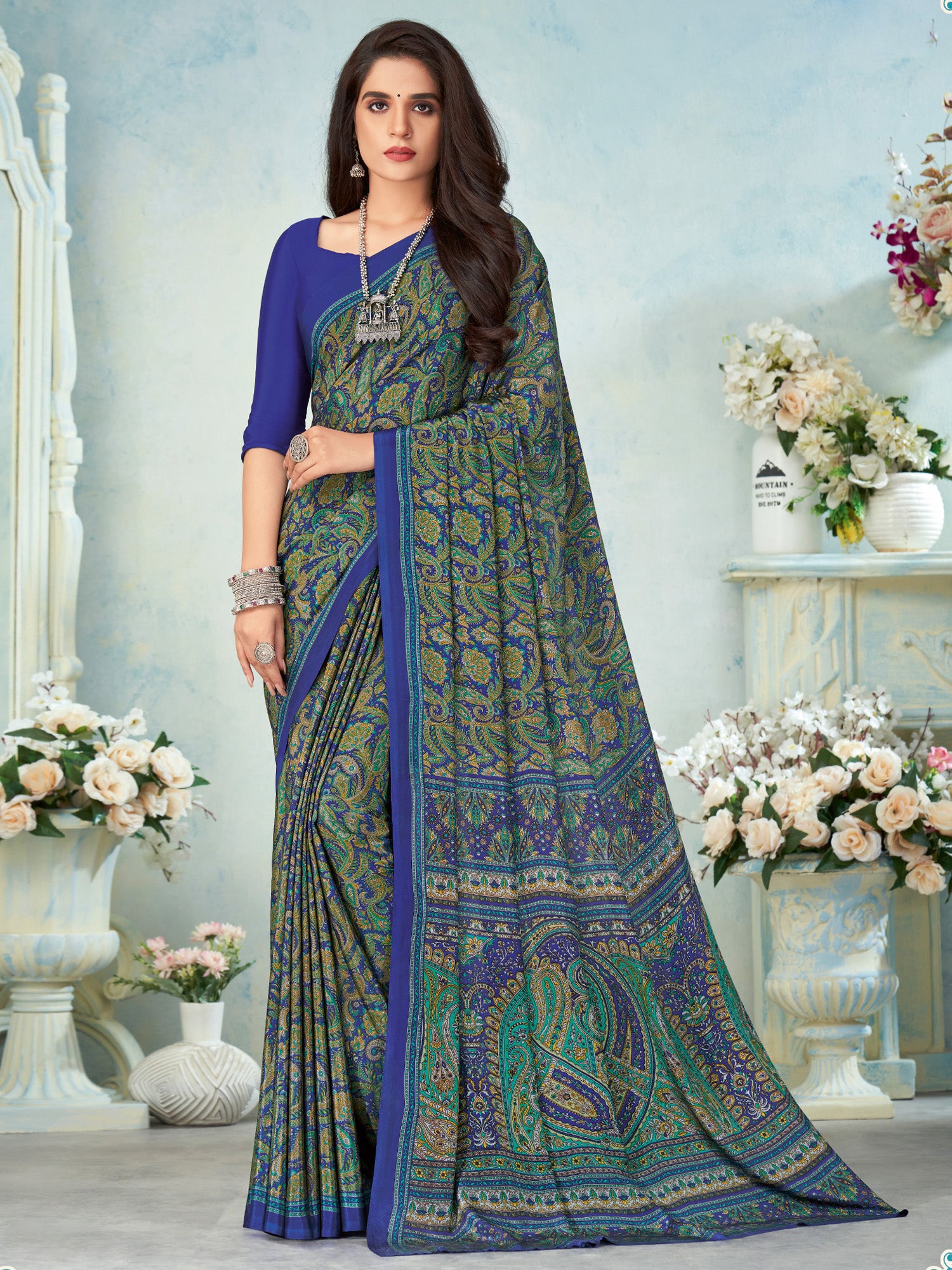 Women's Crepe Blue Printed Designer Saree With Blouse Piece