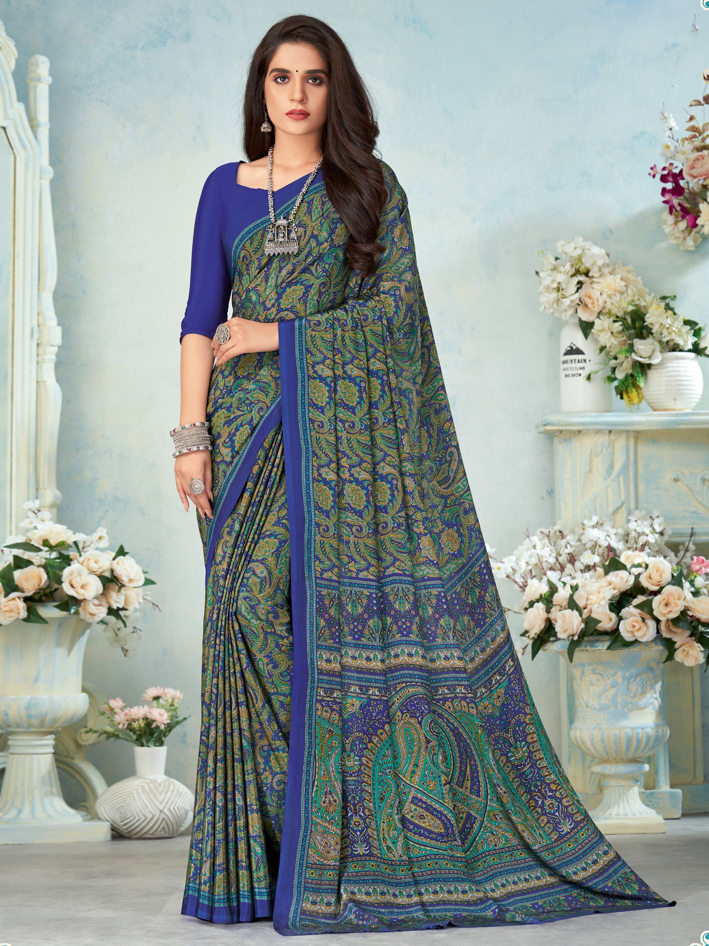 Women's Crepe Blue Printed Designer Saree With Blouse Piece