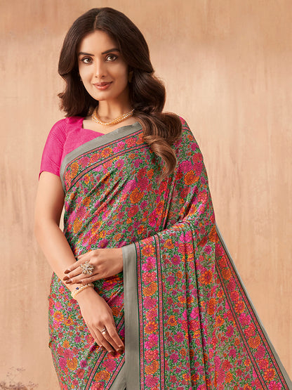 Women's Crepe Pink Printed Designer Saree With Blouse Piece