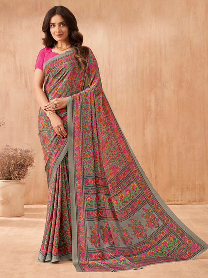 Women's Crepe Pink Printed Designer Saree With Blouse Piece