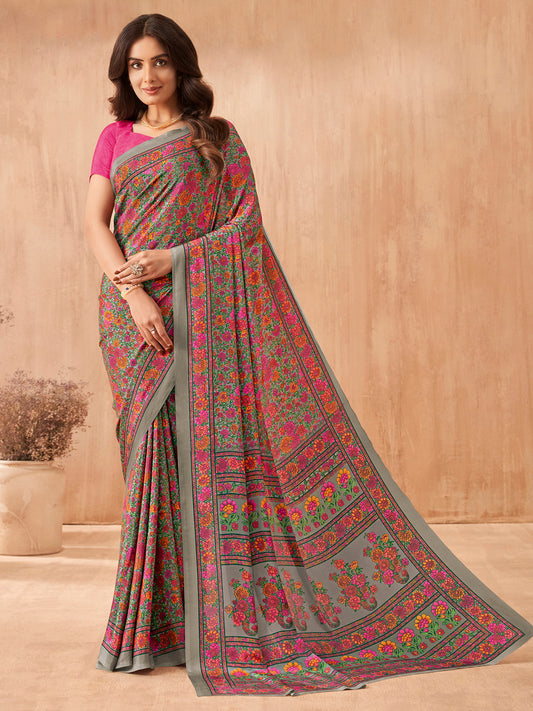 Women's Crepe Pink Printed Designer Saree With Blouse Piece