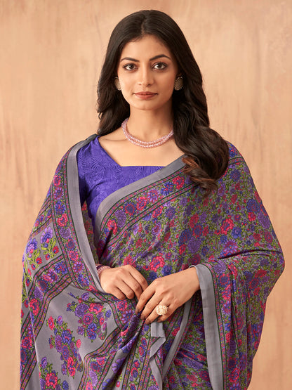 Women's Crepe Purple Printed Designer Saree With Blouse Piece