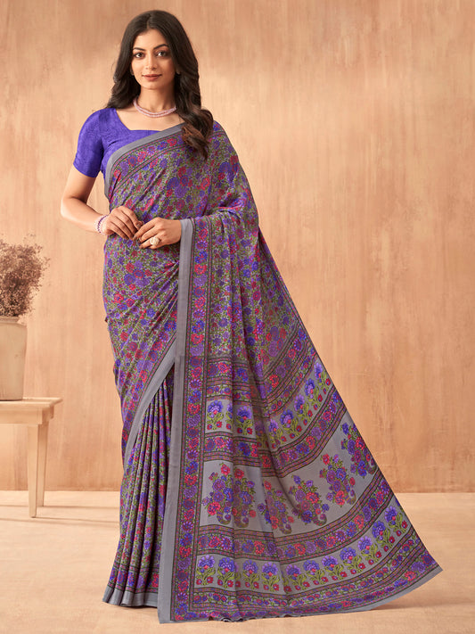 Women's Crepe Purple Printed Designer Saree With Blouse Piece