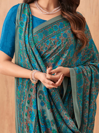 Women's Crepe Blue Printed Designer Saree With Blouse Piece