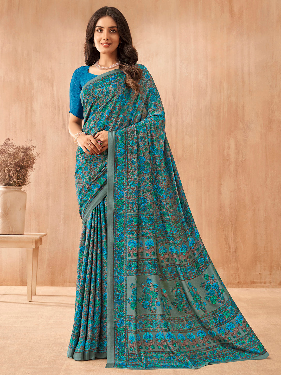 Women's Crepe Blue Printed Designer Saree With Blouse Piece