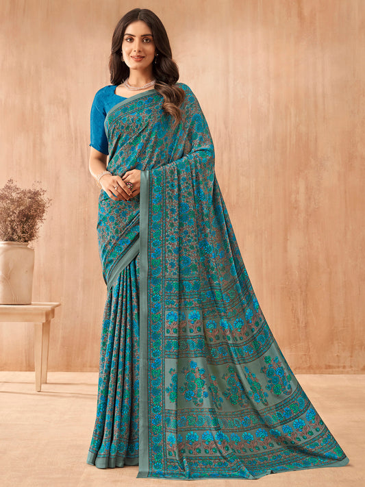 Women's Crepe Blue Printed Designer Saree With Blouse Piece