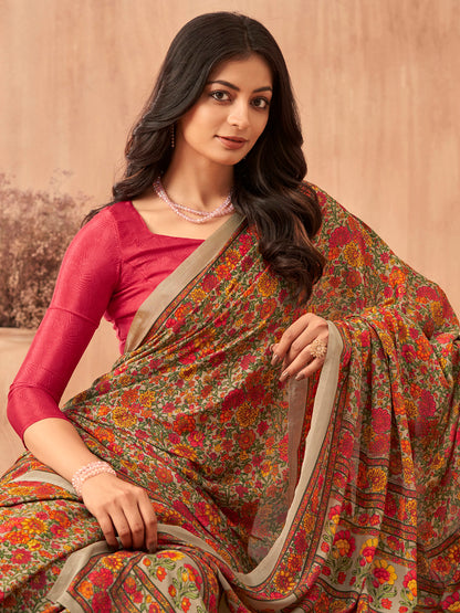 Women's Crepe Red Printed Designer Saree With Blouse Piece