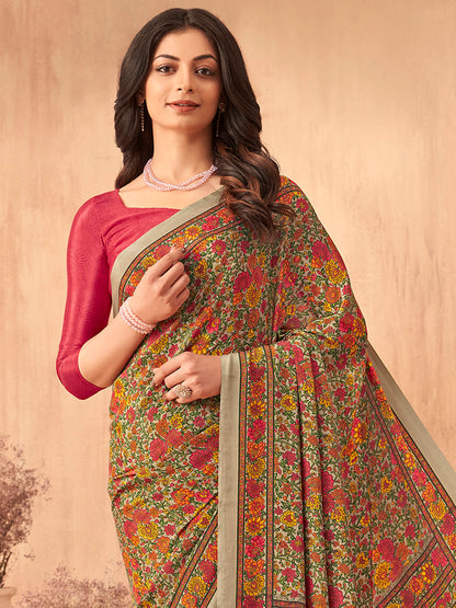 Women's Crepe Red Printed Designer Saree With Blouse Piece