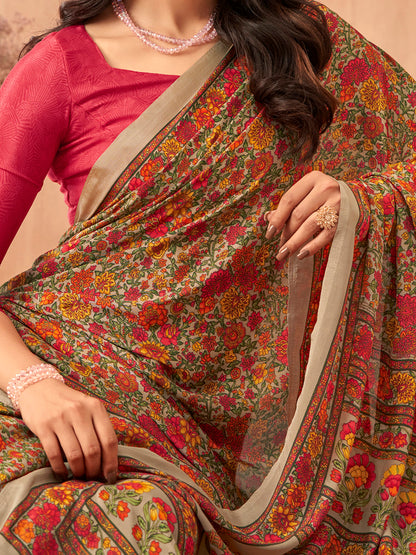 Women's Crepe Red Printed Designer Saree With Blouse Piece