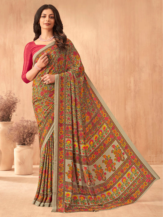 Women's Crepe Red Printed Designer Saree With Blouse Piece