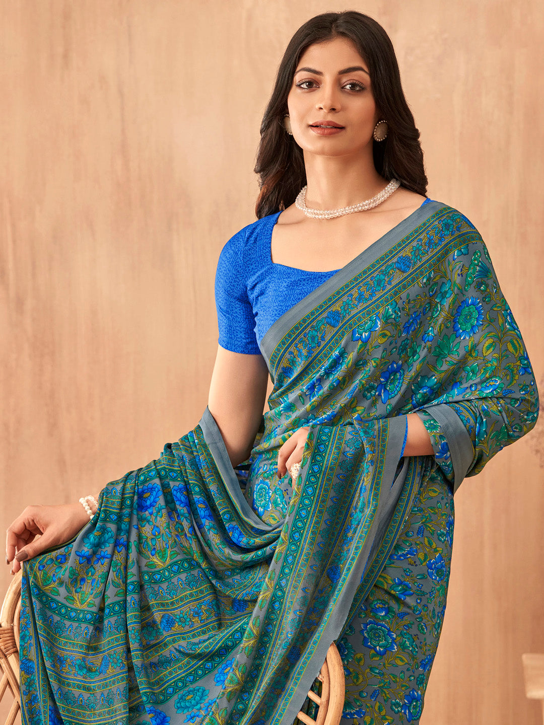 Women's Crepe Blue Printed Designer Saree With Blouse Piece