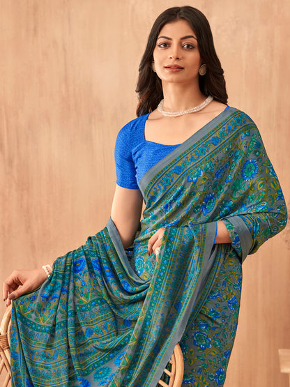 Women's Crepe Blue Printed Designer Saree With Blouse Piece