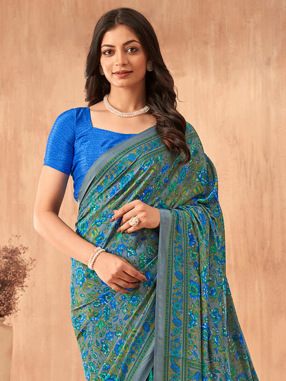 Women's Crepe Blue Printed Designer Saree With Blouse Piece
