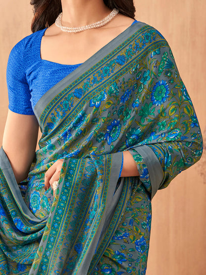 Women's Crepe Blue Printed Designer Saree With Blouse Piece