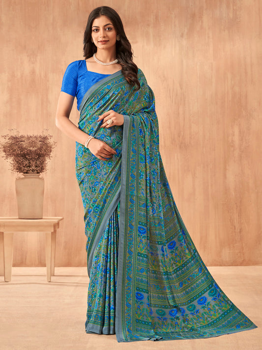 Women's Crepe Blue Printed Designer Saree With Blouse Piece