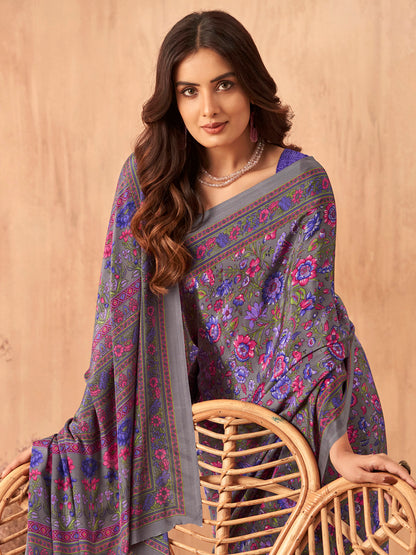 Women's Crepe Purple Printed Designer Saree With Blouse Piece