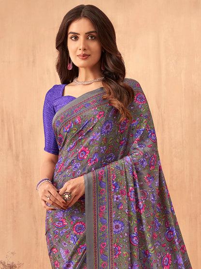 Women's Crepe Purple Printed Designer Saree With Blouse Piece
