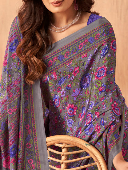 Women's Crepe Purple Printed Designer Saree With Blouse Piece