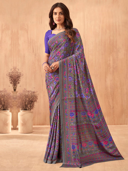 Women's Crepe Purple Printed Designer Saree With Blouse Piece