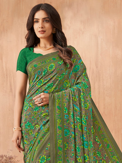 Women's Crepe Green Printed Designer Saree With Blouse Piece