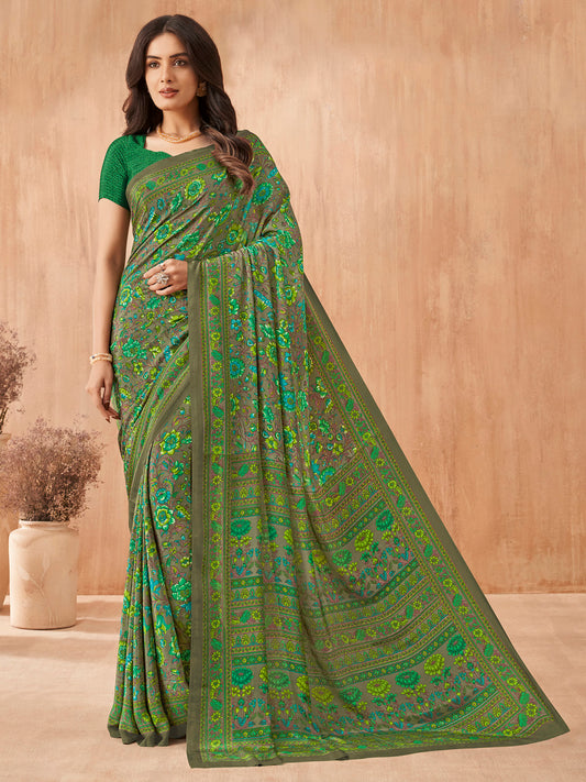 Women's Crepe Green Printed Designer Saree With Blouse Piece