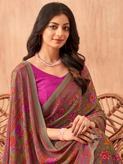 Women's Crepe Pink Printed Designer Saree With Blouse Piece
