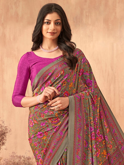 Women's Crepe Pink Printed Designer Saree With Blouse Piece