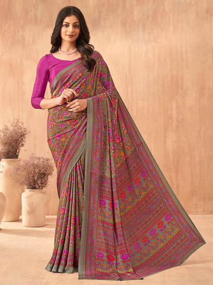 Women's Crepe Pink Printed Designer Saree With Blouse Piece